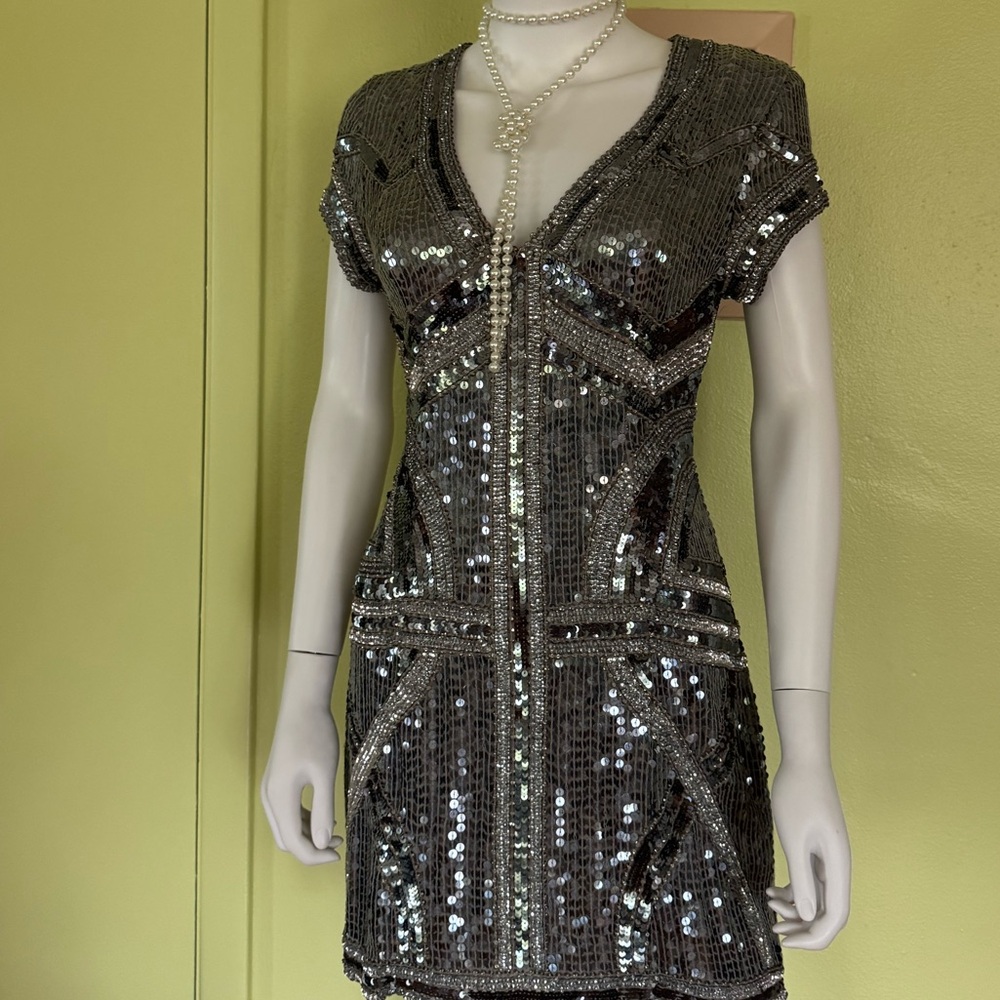 SOLD - Parker Silver Sequin V-Neck Mini Dress